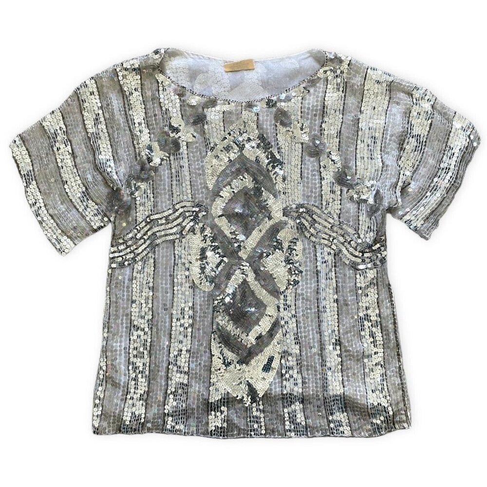 Sequins Queen‎ Womens Bohemian Silk Top Silver L Art Deco Sequin Elegant Dressy
